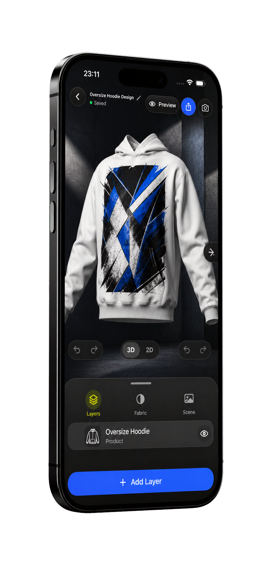 Mocketa iPhone editor showing a 3D hoodie mockup